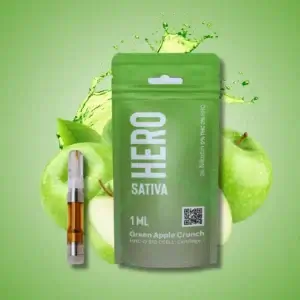 Hero Sativa 1 ML Green Apple Crunch HHC-O 510 CCELL Cartridge with fruit background