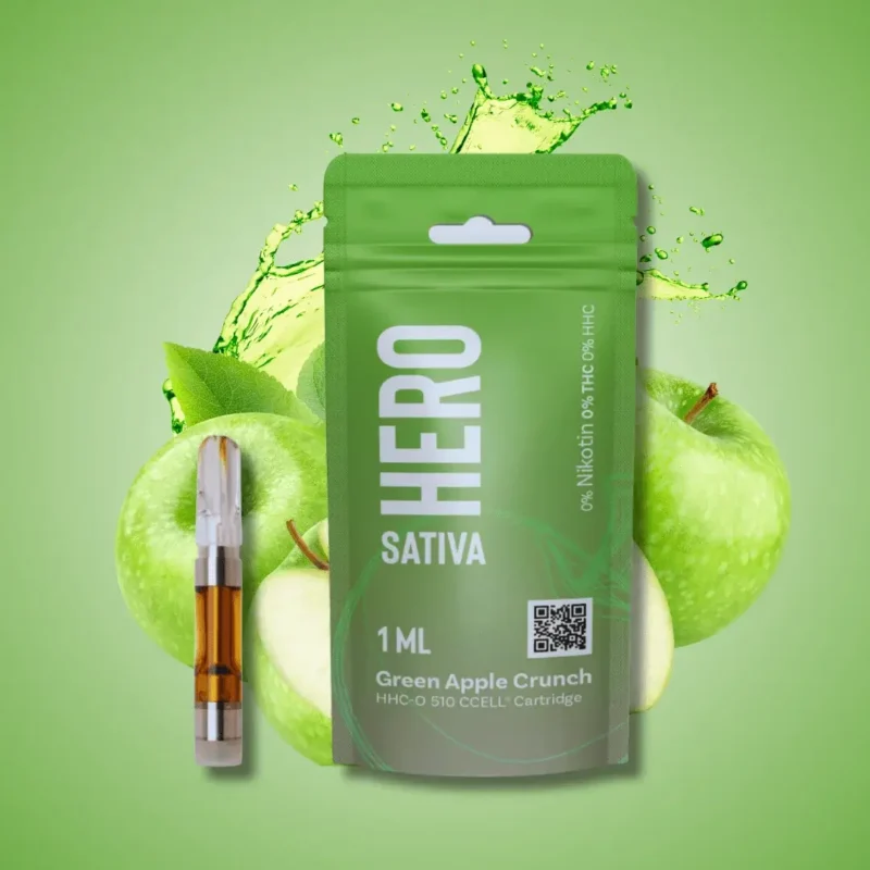 Hero Sativa 1 ML Green Apple Crunch HHC-O 510 CCELL Cartridge with fruit background